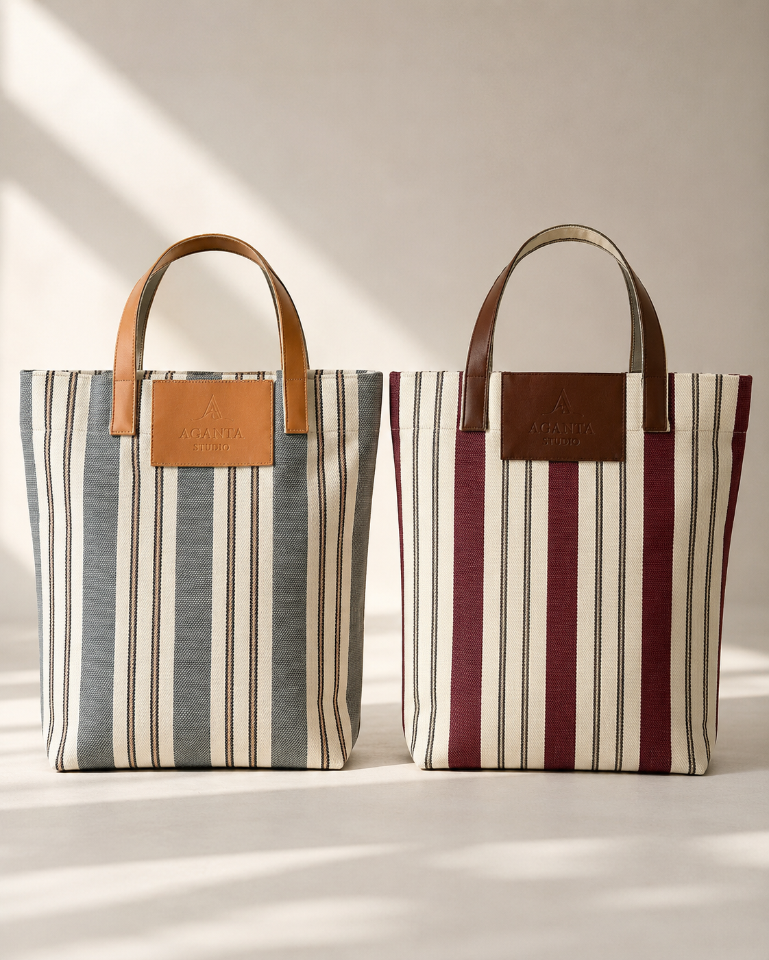 LIDO Çizgili Canvas Tote Çanta – Bordo Bej