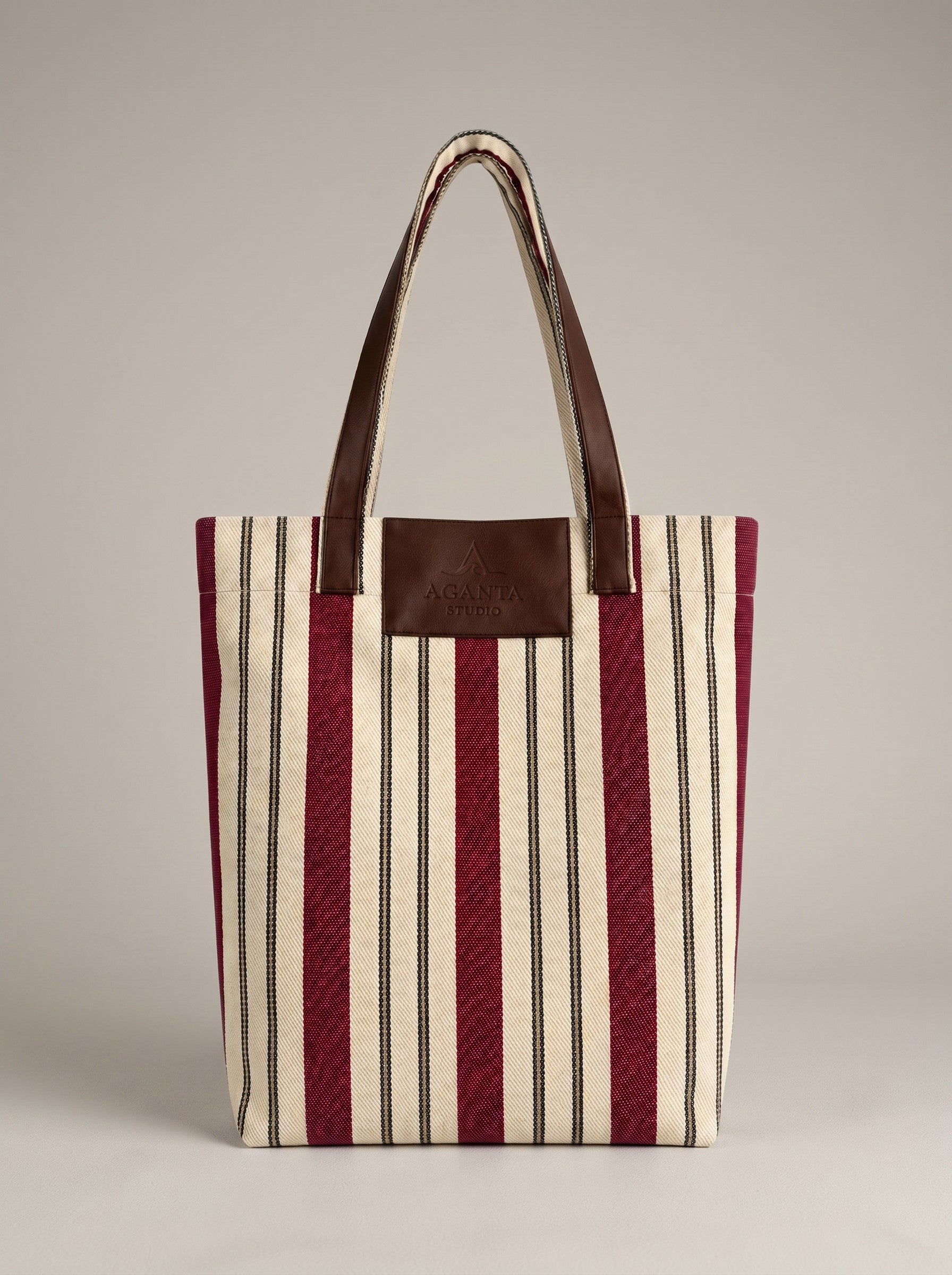 LIDO Çizgili Canvas Tote Çanta – Bordo Bej
