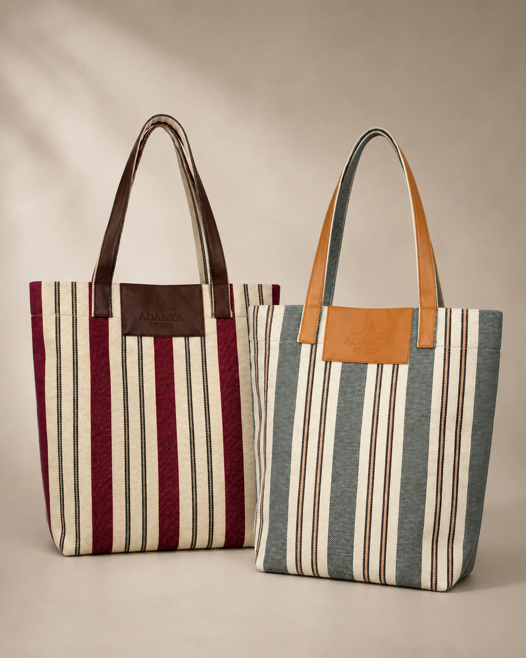 LIDO Çizgili Canvas Tote Çanta – Gri Mavi